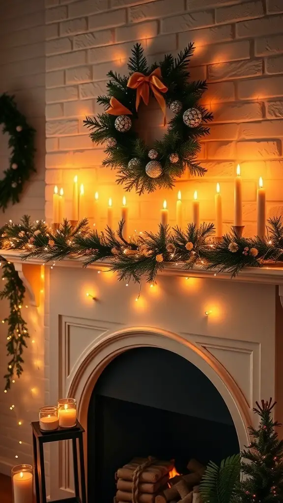 A beautifully decorated fireplace mantle with fairy lights, candles, and a festive wreath.