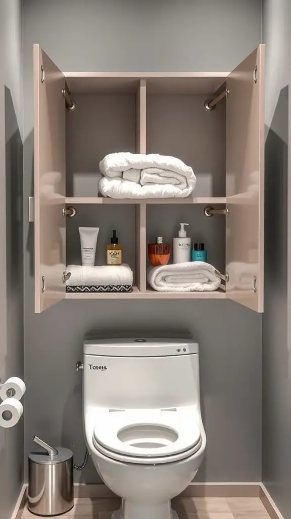 27+ Stylish Over the Toilet Storage Ideas to Maximize Your Space 8 Over-the-toilet cabinet with towels and toiletries