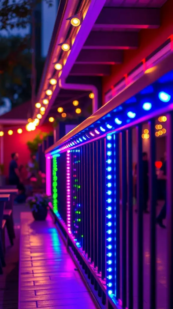 Color-changing LED strips illuminating a patio railing with vibrant colors