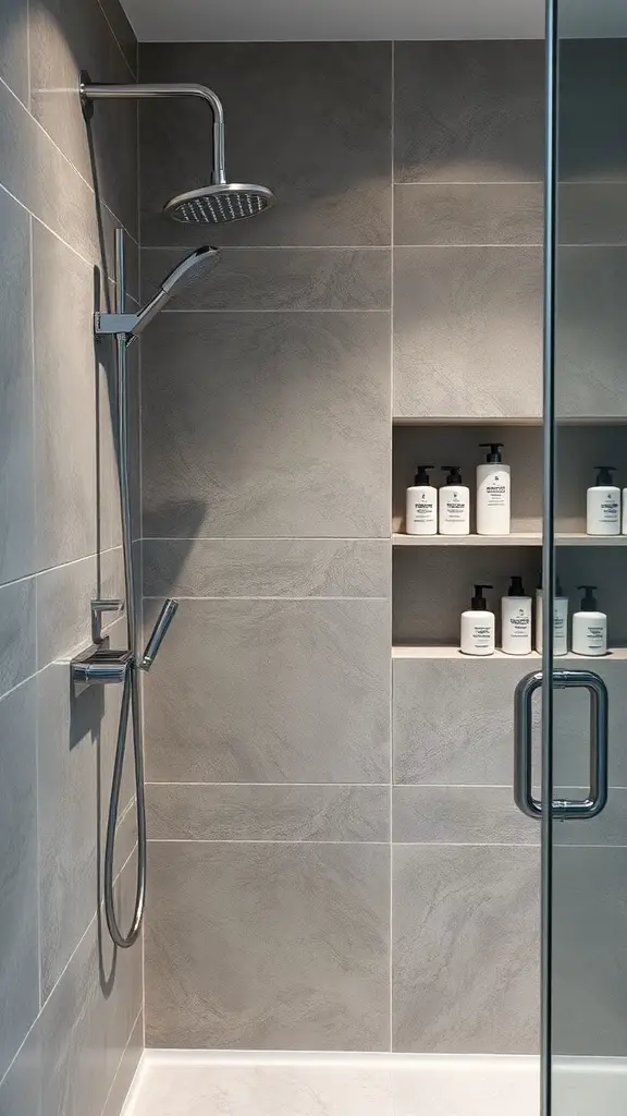 25+ Clever Hidden Storage Ideas for Your Bathroom 16 A modern shower with gray tiles and recessed shelves for storage