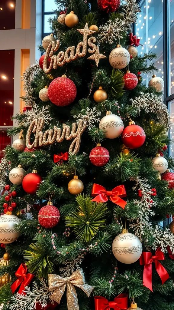 A beautifully decorated Christmas tree with red and white ornaments, gold accents, and glittering details.