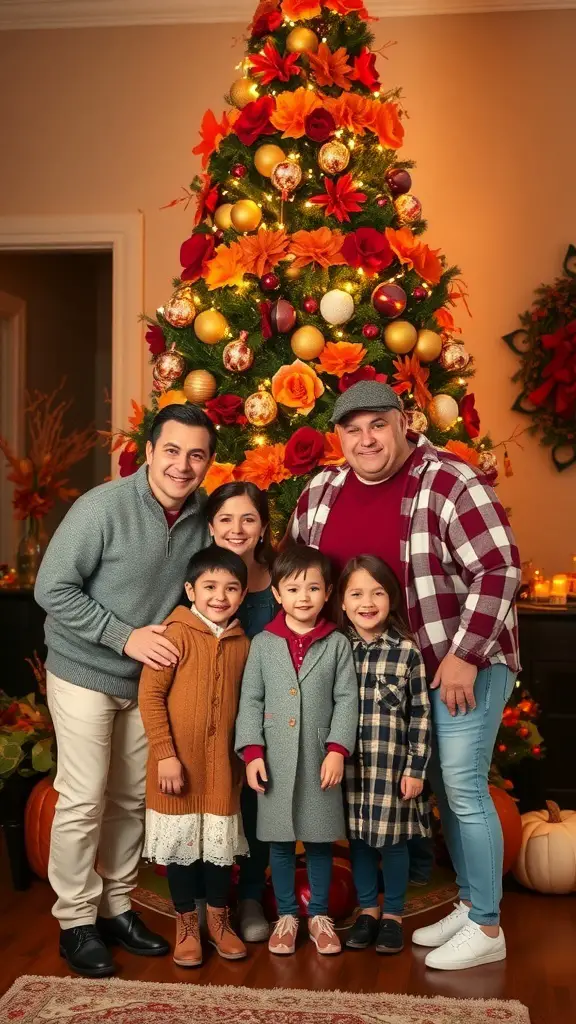 A family posing in front of a beautifully decorated Thanksgiving tree, surrounded by autumn colors and festive decorations.