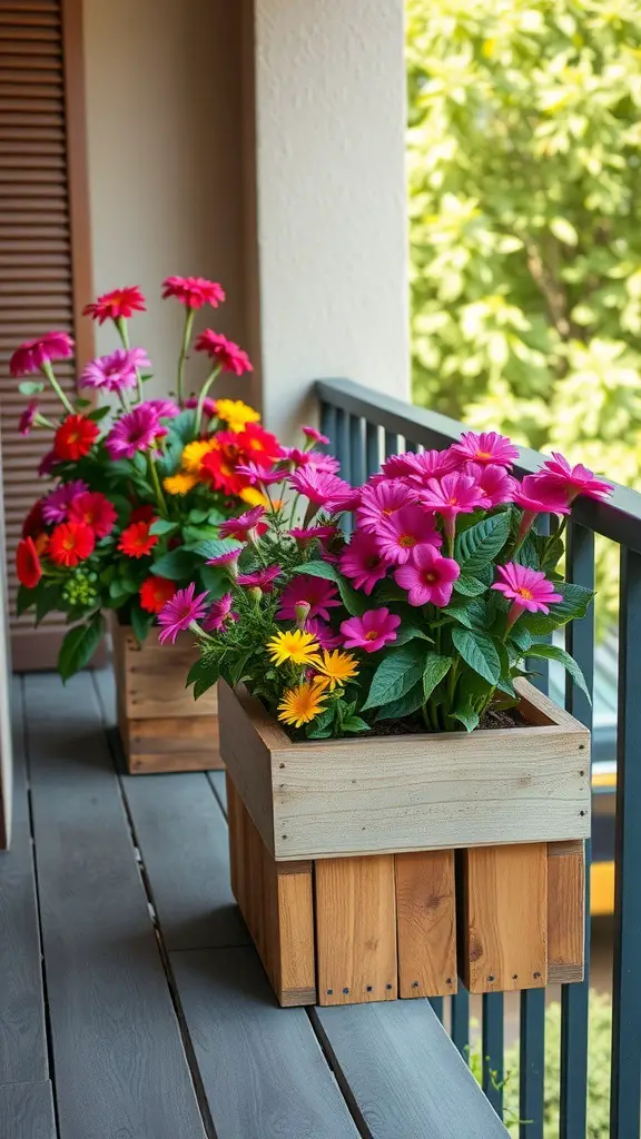 Colorful flowers in wooden planters on a balcony