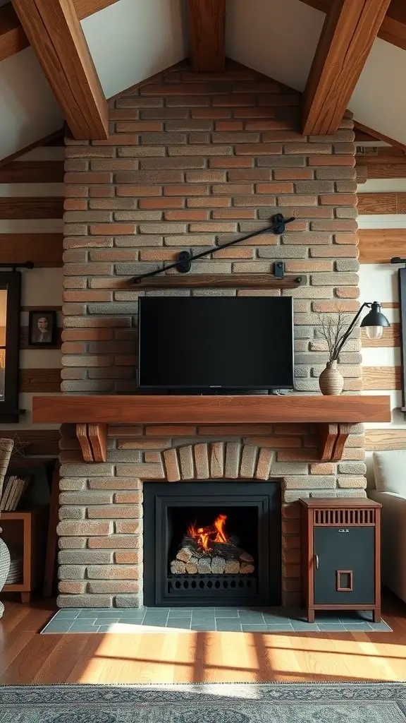 29+ Stunning TV Fireplace Wall Ideas You’ll Love 8 A rustic farmhouse fireplace wall with a TV mounted above a brick fireplace and wooden beams.