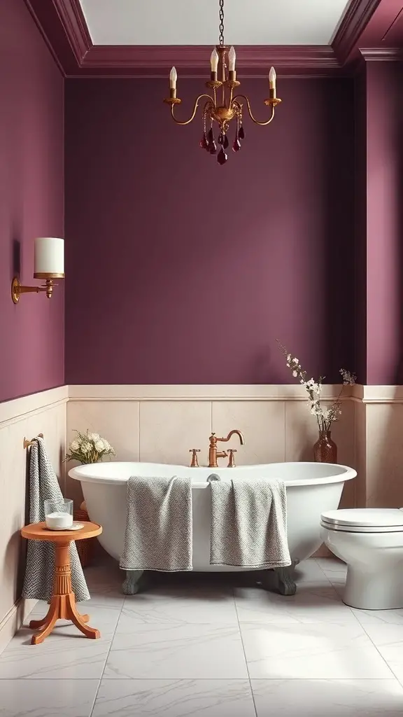 27+ Stunning Two-Tone Wall Paint Ideas to Transform Your Bathroom 11 A bathroom featuring deep plum walls and light beige wainscoting, with a white bathtub and gold fixtures.
