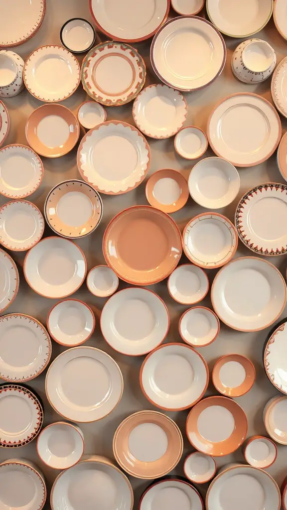 29+ Creative Ideas for a Stunning Plate Wall Display 7 A variety of plates arranged in a layered display on a wall.