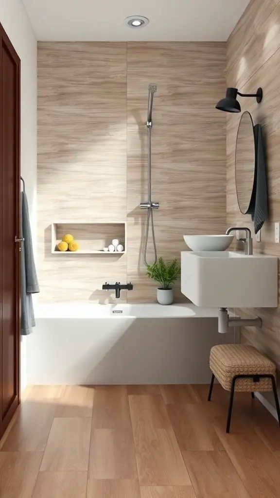 29+ Stunning Bathroom Flooring Ideas to Transform Your Space 14 A modern bathroom featuring durable laminate flooring that resembles wood.