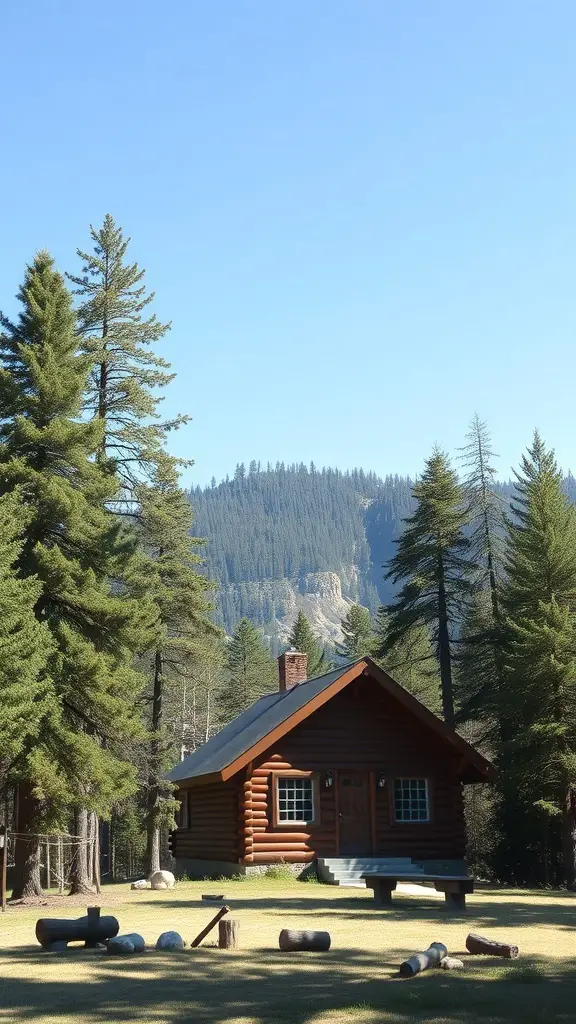 29+ Cozy Cabin Trip Ideas for Your Perfect Getaway 5 A rustic cabin in the mountains surrounded by trees and a clear blue sky.
