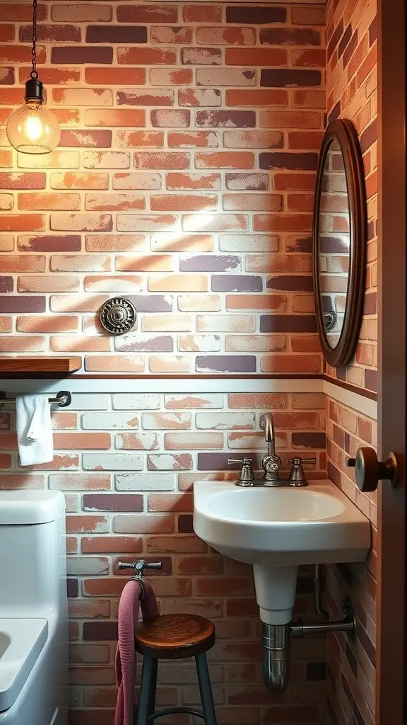 23+ Stunning Bathroom Brick Wall Accent Ideas You Need to Try 13 A cozy bathroom featuring a brick wall, vintage sink, and warm lighting.