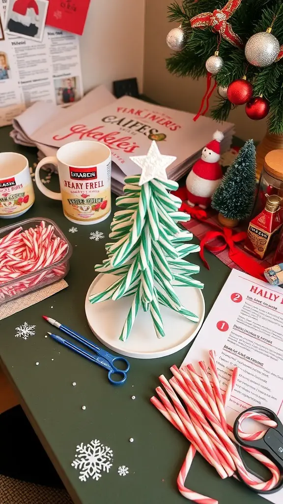 A festive setup featuring candy canes, decorations, and a cozy atmosphere for crafting a candy cane Christmas tree.