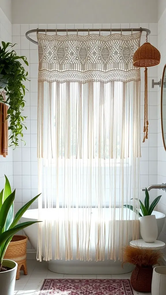25+ Stunning Boho Shower Curtain Ideas for a Unique Bathroom Decor 6 Macrame fringe shower curtain in a bright bathroom with plants and natural decor.