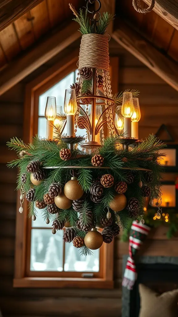 29+ Stunning Christmas Chandelier Ideas to Brighten Your Holidays 11 A beautifully decorated chandelier featuring pinecones, greenery, and golden ornaments, set against a cozy wooden interior.