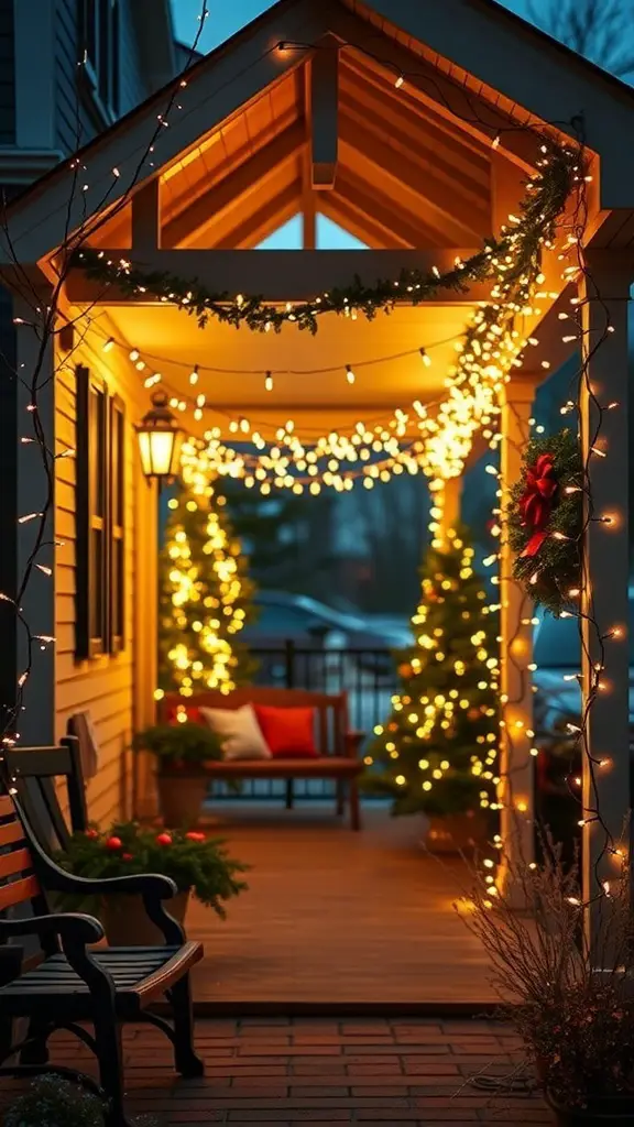 A beautifully decorated porch with twinkling fairy lights and Christmas decorations.