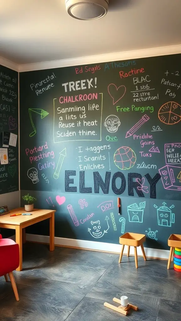 27+ Stunning Wall Paint Designs to Transform Your Space 9 A chalkboard wall filled with colorful drawings and notes, showcasing an interactive space.
