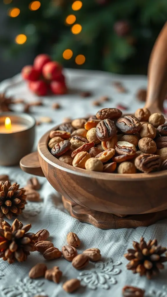 A wooden bowl filled with spiced nuts and dried fruits, surrounded by pine cones and a candle, with a festive background.