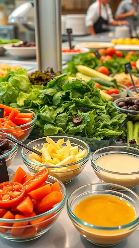 A colorful salad bar featuring fresh vegetables, greens, and dressings.
