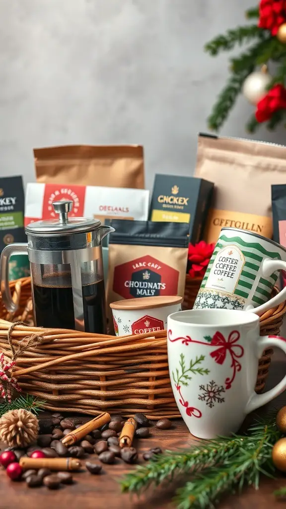 A festive coffee basket featuring various coffee blends, a French press, and holiday decorations.