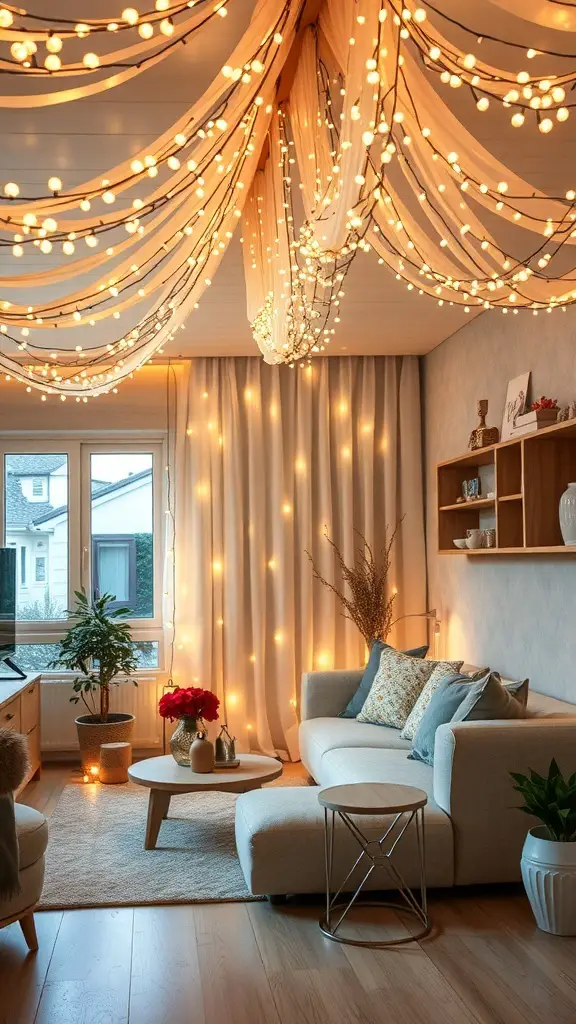 A cozy room featuring a twinkling fairy light canopy with warm lights draped across the ceiling.