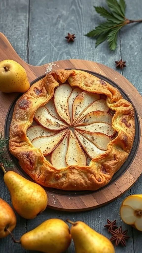 27+ Delightful Thanksgiving Desserts You Need to Try 13 A spiced pear galette with sliced pears arranged in a circular pattern, surrounded by fresh pears and star anise.