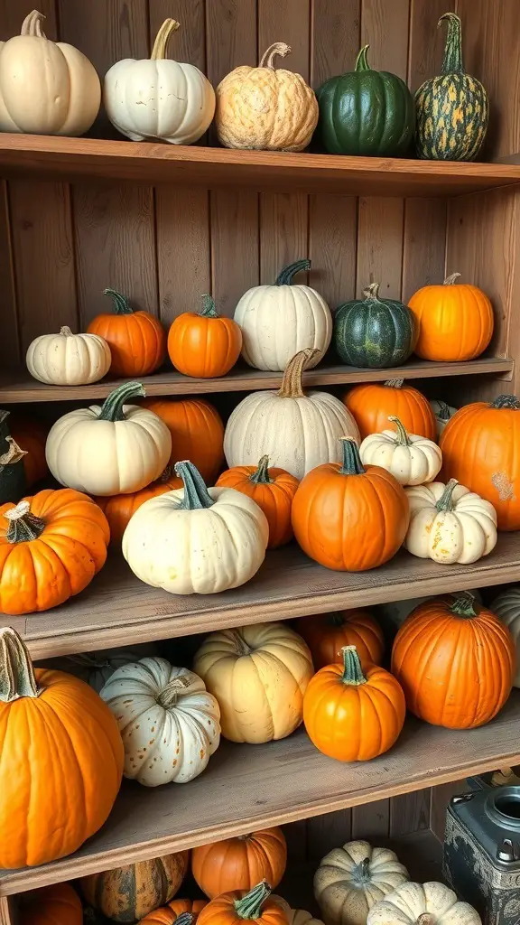 A variety of pumpkins in different sizes and colors displayed on wooden shelves.