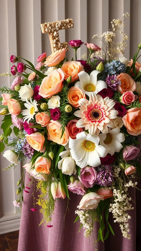 A colorful Thanksgiving floral arrangement featuring roses, daisies, and tulips with a decorative letter 'T'.