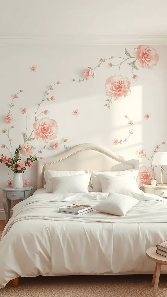27+ Stunning Wall Paint Designs to Transform Your Space 14 A beautifully decorated bedroom featuring floral wall paint designs with soft pink roses.