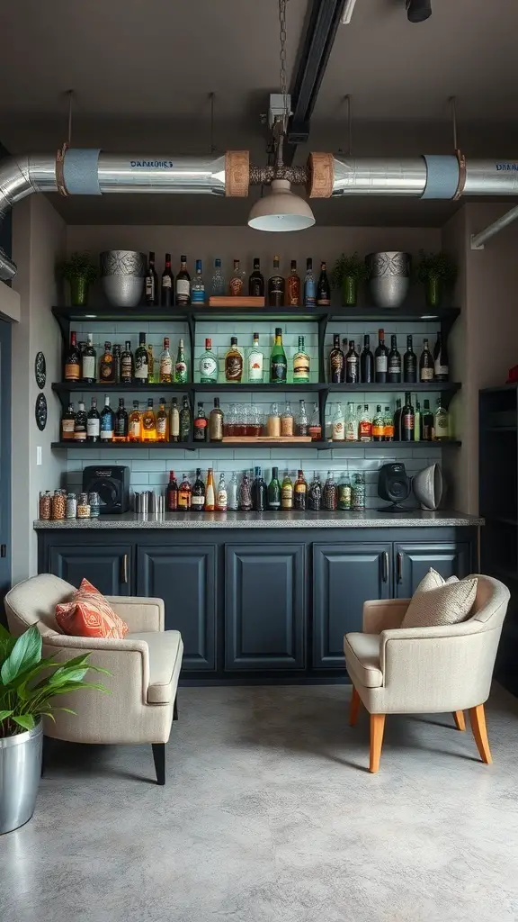 23+ Creative Garage Conversion Ideas for Your Home 15 A stylish home bar and lounge setup in a garage with a dark bar counter, shelves filled with various drinks, and cozy seating.
