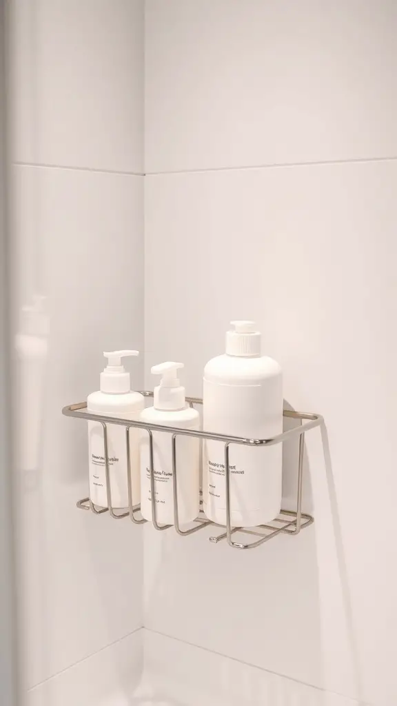 25+ Must-Try Minimalist Bathroom Organization Ideas 4 A compact metal shower caddy holding white bottles in a minimalist bathroom setting.