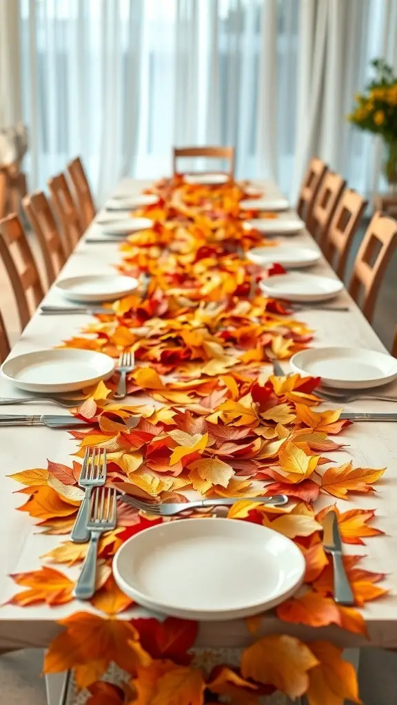 A dining table decorated with an autumn leaf table runner featuring vibrant orange and yellow leaves.
