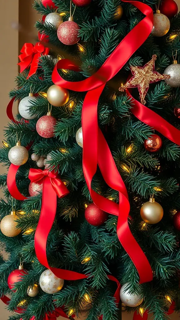 A Christmas tree decorated with red ribbons and colorful ornaments.