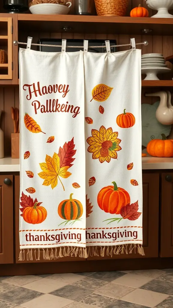 Thanksgiving-themed tea towels with pumpkins and autumn leaves
