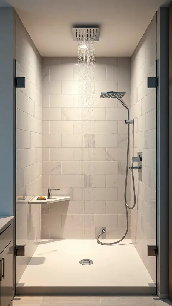 25+ Stunning Master Bath Ideas to Transform Your Space 5 A modern walk-in shower featuring a rainfall showerhead and minimalist design.