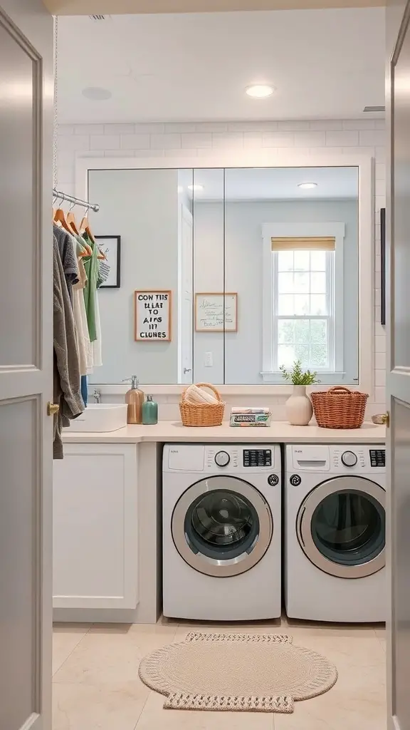 27+ Creative Small Space Solutions for Top Loader Laundry Rooms 13 A small laundry room with a large mirror reflecting light, creating an illusion of space.