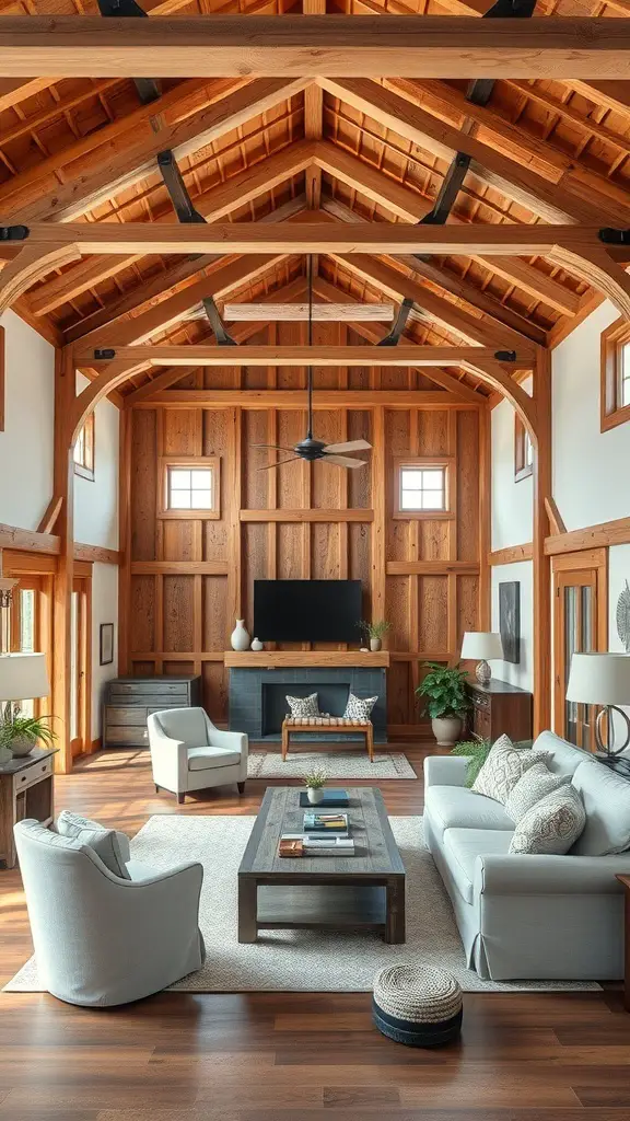 29+ Inspiring Barndominium Interior Ideas You’ll Love 7 A cozy living room featuring high wooden beams, warm wooden walls, and modern furniture.