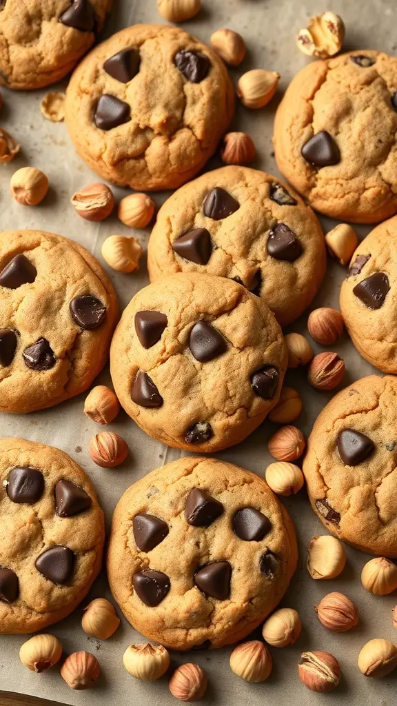 A close-up of hazelnut chocolate chip cookies surrounded by whole hazelnuts.