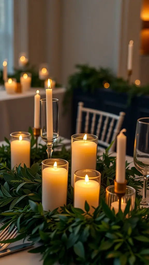 A beautifully arranged table with LED candles surrounded by greenery, creating an elegant holiday setting.