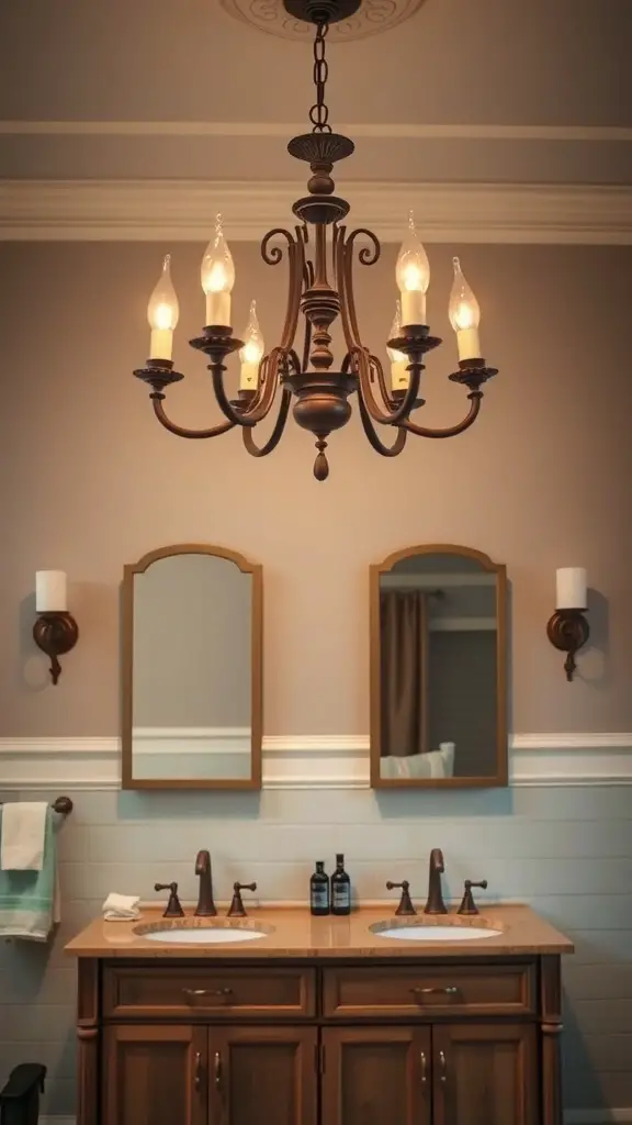 25+ Stunning Double Vanity Lighting Ideas for Your Bathroom 8 A vintage inspired chandelier hanging above a double vanity in a bathroom, featuring warm light and classic design.
