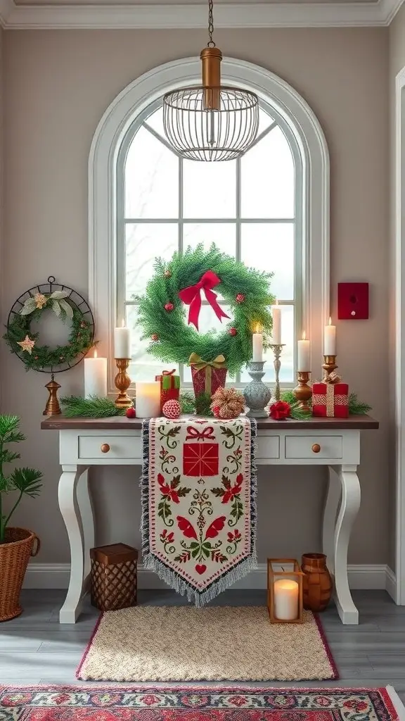A festive entryway table decorated with a holiday table runner, candles, and a wreath.