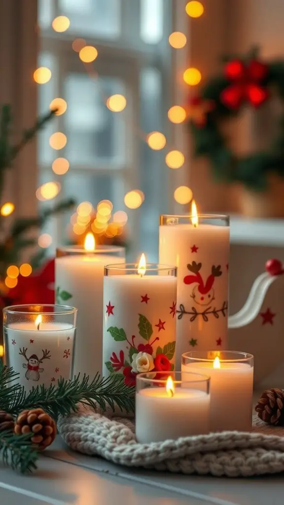 29+ Creative Christmas Stocking Ideas to Delight Everyone 7 A collection of festive scented candles with holiday decorations, glowing warmly in a cozy setting.