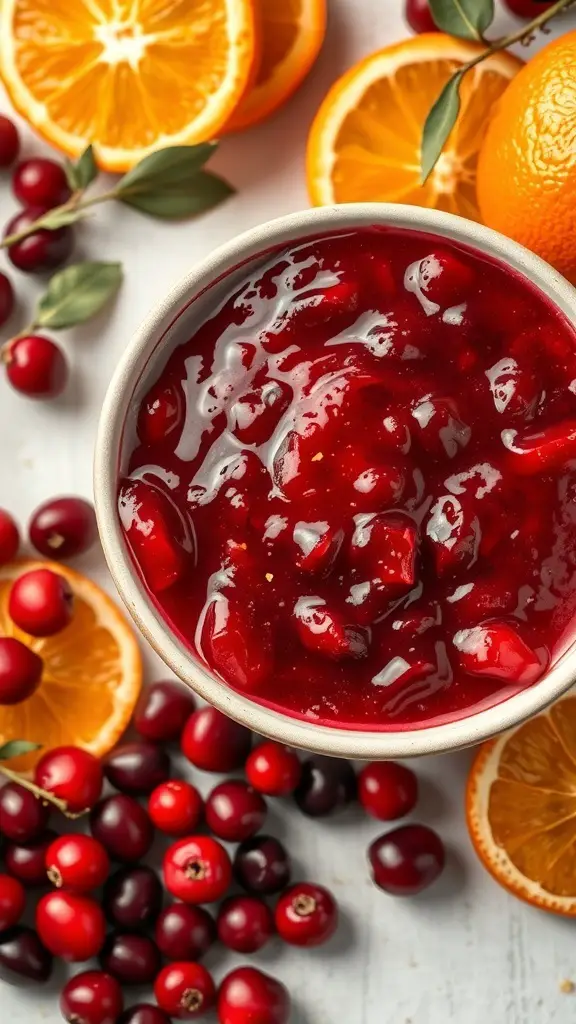 25+ Must-Have Dishes for Your Christmas Dinner Buffet 8 A bowl of cranberry sauce surrounded by fresh cranberries and orange slices