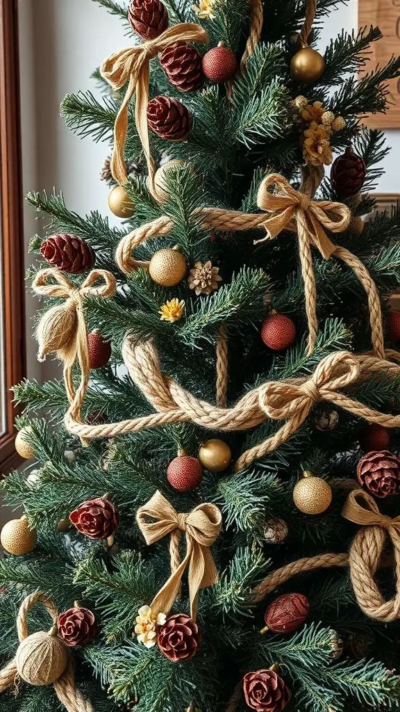 29+ Creative Christmas Tree Ribbon Decorating Ideas You’ll Love 6 A Christmas tree decorated with twine ribbons, pine cones, and colorful ornaments.