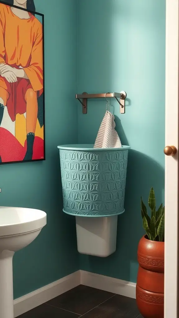 25+ Creative Wall Mounted Laundry Hamper Ideas for Space-Saving Solutions 14 A wall-mounted laundry hamper in turquoise next to a colorful wall art piece.