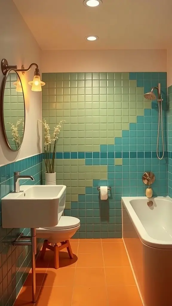 27+ Stunning Mid Century Modern Bathroom Ideas You'll Love 9 A mid-century modern bathroom featuring turquoise and green tiles with orange flooring.