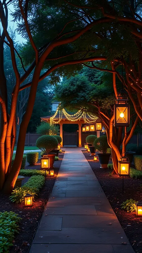 A beautifully lit pathway with lanterns and string lights leading to a cozy home.