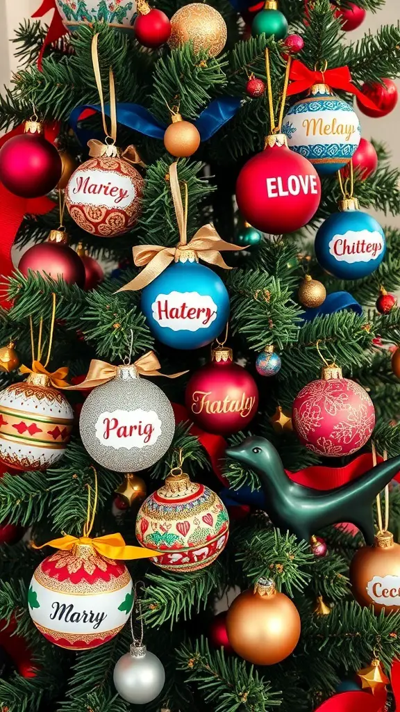 29+ Creative Christmas Stocking Ideas to Delight Everyone 9 A beautifully decorated Christmas tree with personalized ornaments in various colors and designs.