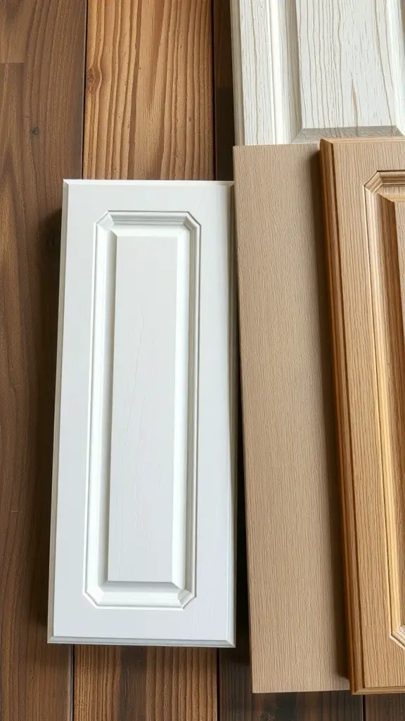 25+ Stunning Antique White Kitchen Cabinets for Timeless Style 4 Various cabinet door samples showcasing different finishes next to wooden planks.