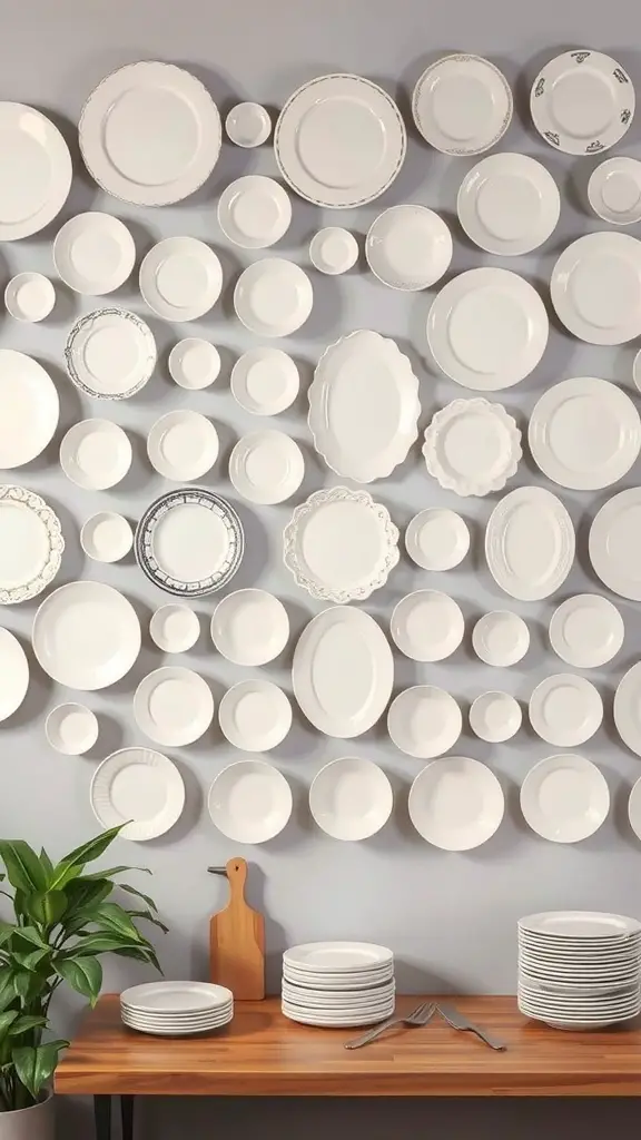 29+ Creative Ideas for a Stunning Plate Wall Display 3 A gallery-style display of white plates arranged on a wall, with a wooden table and a plant in the foreground.