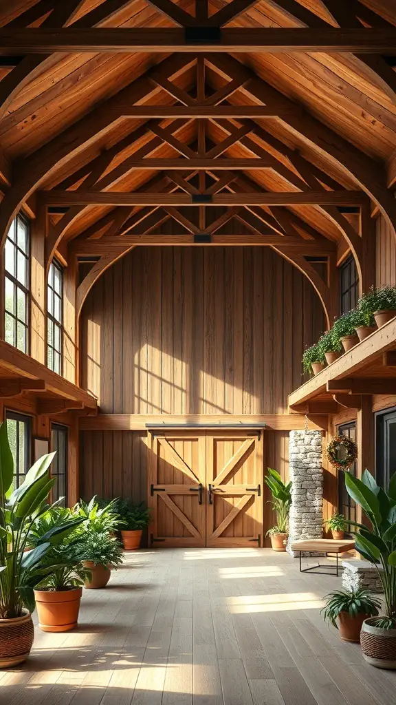 29+ Inspiring Barndominium Interior Ideas You’ll Love 16 Interior of a barndominium featuring wooden beams, large windows, and potted plants
