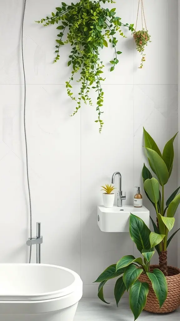 27+ Creative Plant Display Ideas to Transform Your Bathroom 10 A stylish bathroom featuring hanging plants and a large floor plant, creating a fresh and inviting atmosphere.