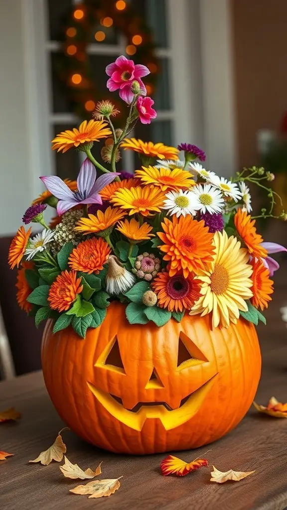 A carved pumpkin filled with colorful flowers, creating a festive Thanksgiving floral arrangement.